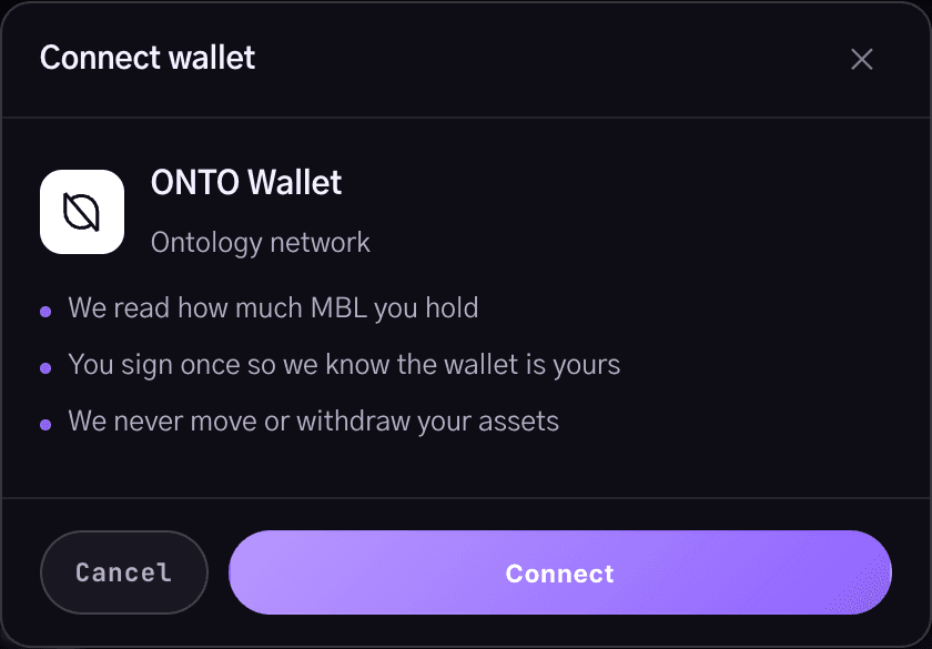 Connect wallet dialog — ONTO Wallet, Ontology network, Connect button